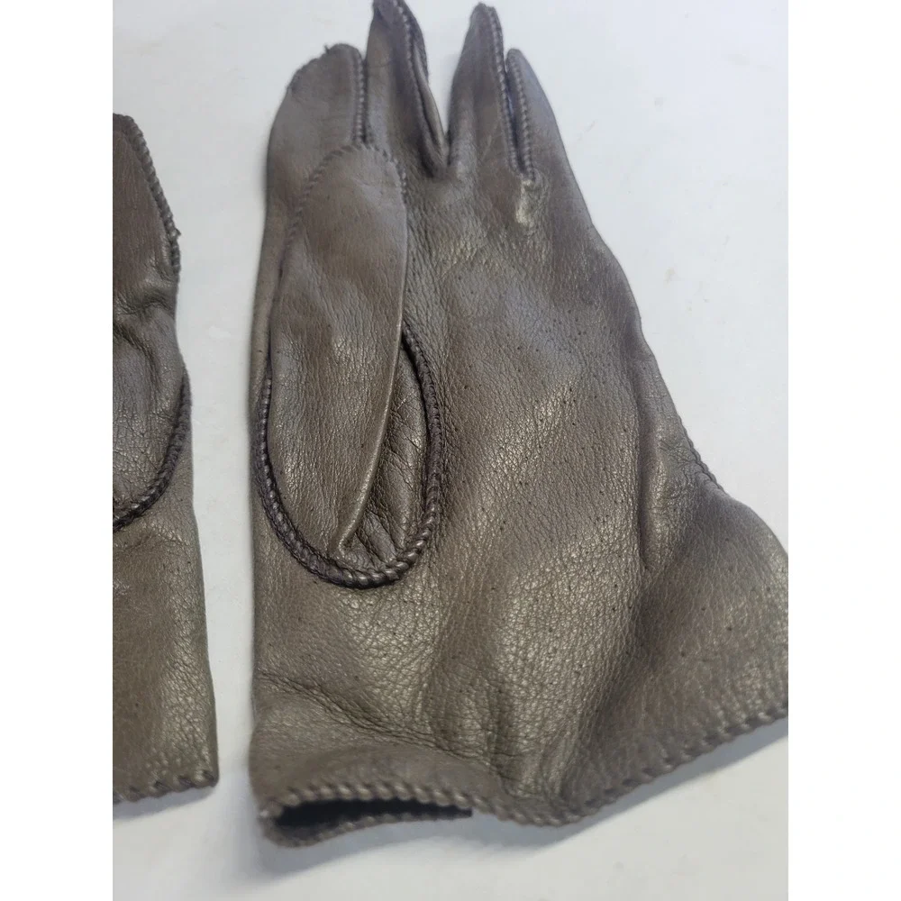 Vintage Genuine Deerskin‎ Leather Gloves Taupe Brown Whipstitch Sz 8.5 Hand Wash